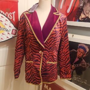 Stylish Women's Velvet Red and Orange Tiger Print Blazer with Gold Accents